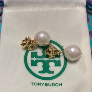 Tory Burch Gold Logo and Pearl Drop Earrings